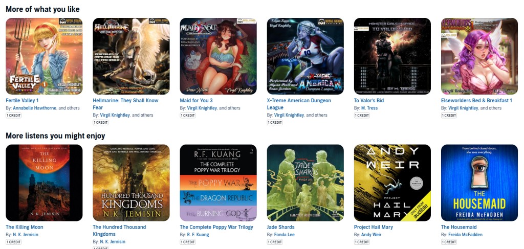 Brickroad's Audible recs are mostly monstergirl smut.