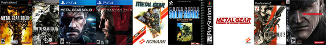 Nine video game boxes depicting the canonical Metal Gear series.